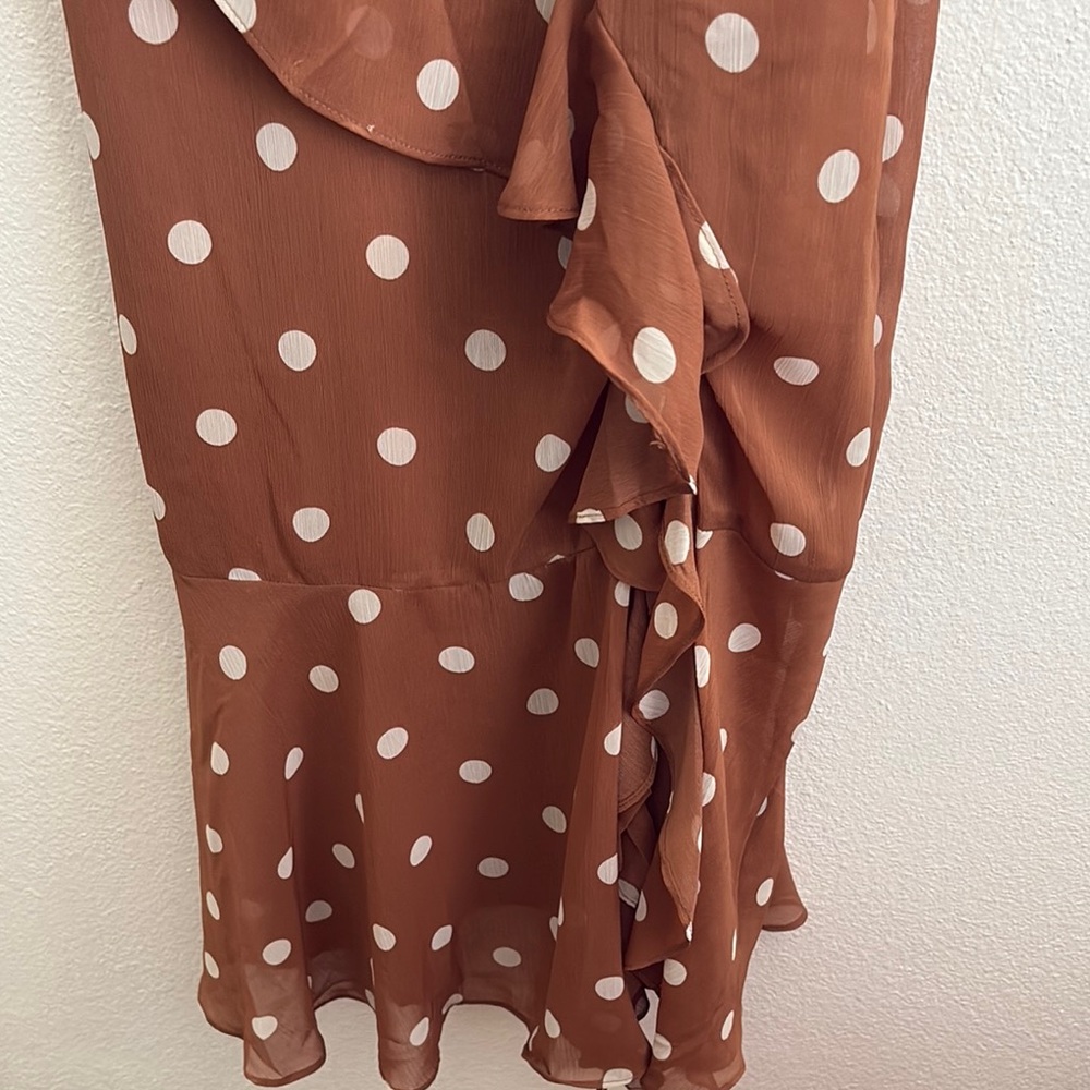 Brown and White Polka Dot Asymmetrical Sundress with Spaghetti Straps - Picture 6 of 8